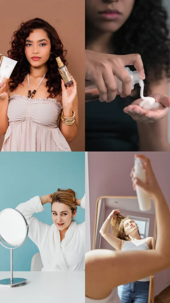 A vertical, four-panel collage grid showcasing different women demonstrating various hair product applications and styling routines, as referenced in the file Untitled design (5).webp.The four quadrants include:Top Left: A woman with curly, deep auburn hair posing against a brown background, holding up a tube of hair product in her right hand and a spray bottle in her left hand.Top Right: A close-up shot of a person dispensing a white, foamy hair mousse from a pump bottle directly into the palm of their hand.Bottom Left: A woman with her hair pulled back into a bun, wearing a white plush bathrobe and smiling while looking at a small round vanity mirror against a solid light blue background.Bottom Right: A reflection in a wooden rectangular mirror showing a woman in a white tank top spraying a product onto her long hair, with her head tilted back in bright, natural sunlight.