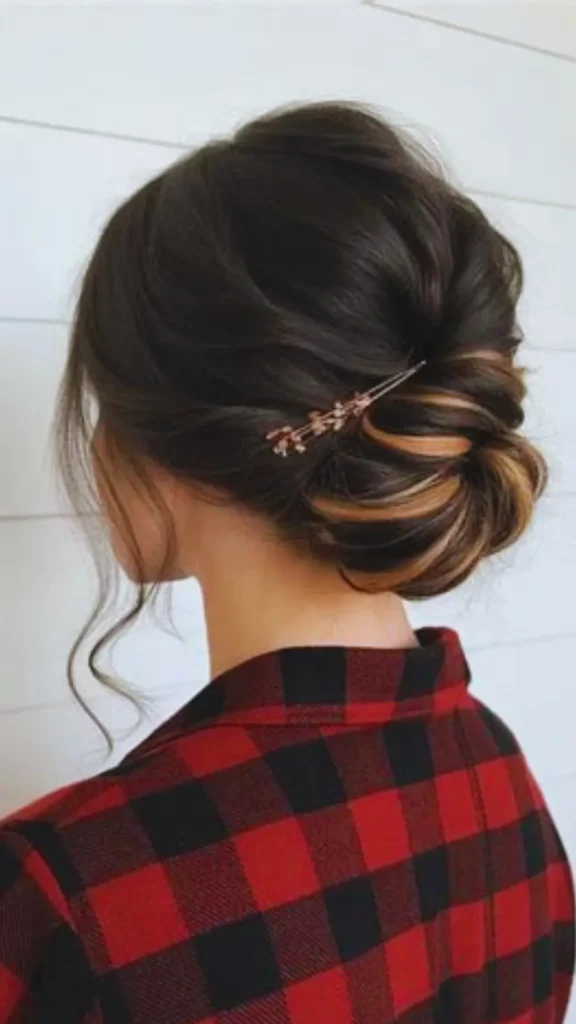 A vertical, close-up photograph showcasing a finished, heatless updo hairstyle, as referenced in the file rods (2).webp.Shot from a rear three-quarter profile perspective, the image highlights a woman with thick, dark brunette hair styled into a soft, voluminous low bun. The hair is loosely swept back, showing subtle honey-blonde highlights tucked into the bun, with a single delicate, wavy tendril left out to frame her face. The bun is elegantly secured on the side with a decorative, bronze or gold floral hair fork featuring small sprig accents.She is facing away from the camera, wearing a classic red and black buffalo plaid flannel shirt with the collar turned up against her neck. The background is a clean, minimalist off-white wall with subtle horizontal lines.