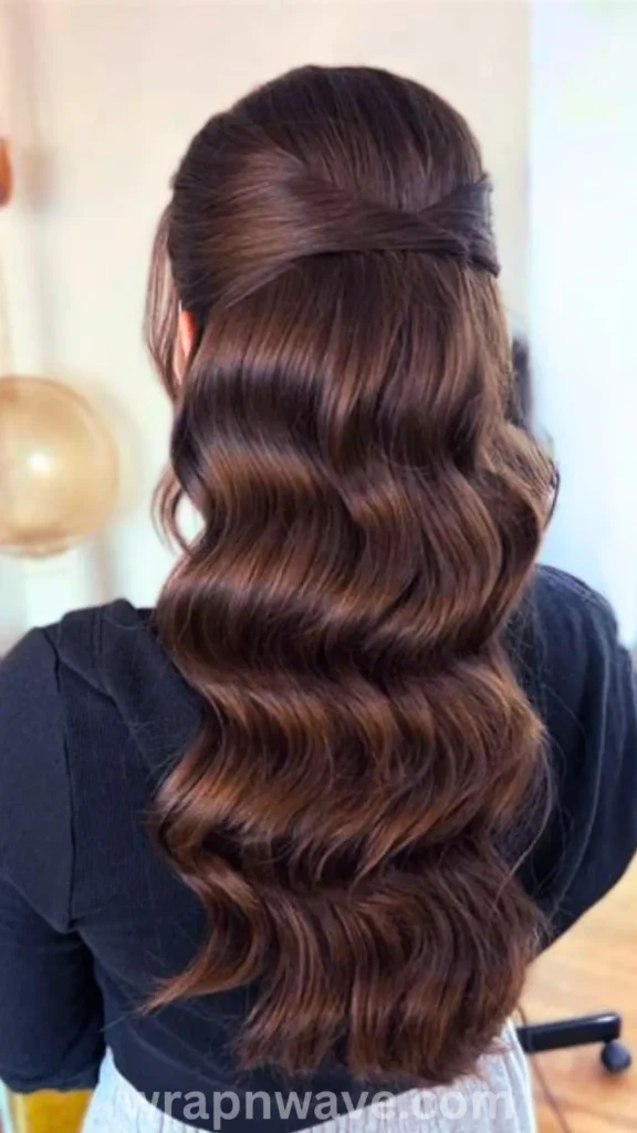 A vertical, close-up photograph capturing the back of a woman's head to showcase a sophisticated half-up hairstyle with smooth waves, as referenced in the file wrap & (55).webp.The woman's rich, chestnut-brown hair is exceptionally glossy and styled into deep, uniform, romantic Hollywood waves that cascade down her back. The top section of her hair is neatly pulled back from the sides and elegantly crossed over at the center, securing the half-up look. She is wearing a black top, and the background subtly reveals an indoor studio or room environment with a warm light fixture on the left. A semi-transparent "wrapnwave.com" watermark is visible along the bottom edge.
