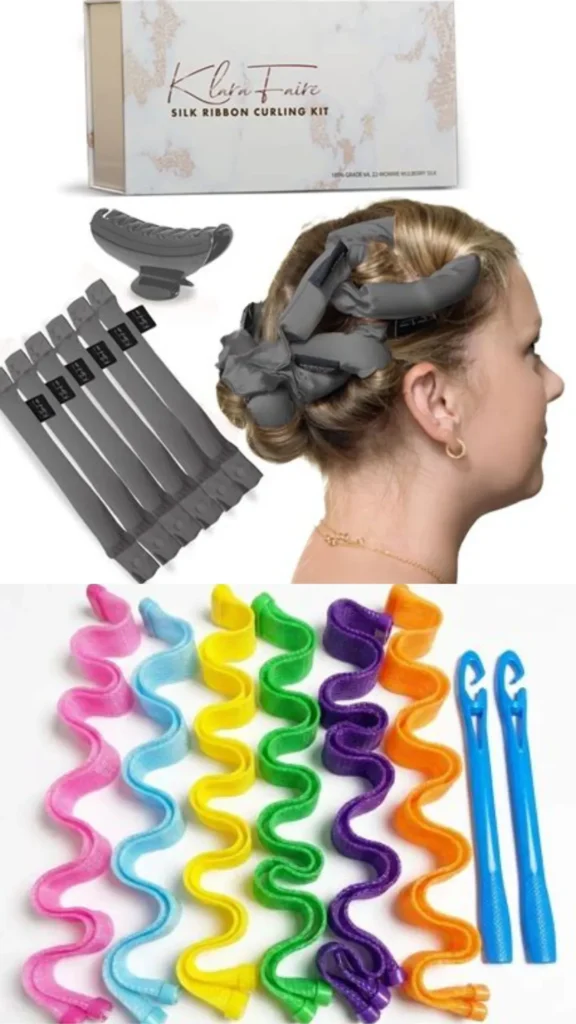 A vertical product showcase collage featuring various heatless hair curling tools and a demonstration, as referenced in the file wrap & (65).webp.The image is divided into three sections against a clean white background. The top section displays a white and gold marble-patterned product box labeled "Klara Faire SILK RIBBON CURLING KIT".The middle section features a right-side profile of a woman with blonde hair demonstrating the product in use, with thick grey silk curling ribbons wrapped and secured intricately throughout her hair, alongside a matching grey claw clip and a fan of five unrolled grey silk ribbons.The bottom section displays a colorful set of wave-forming mesh curlers laid out horizontally in a rainbow sequence of pink, blue, yellow, green, purple, and orange, positioned next to two blue plastic styling hooks used for threading the hair.