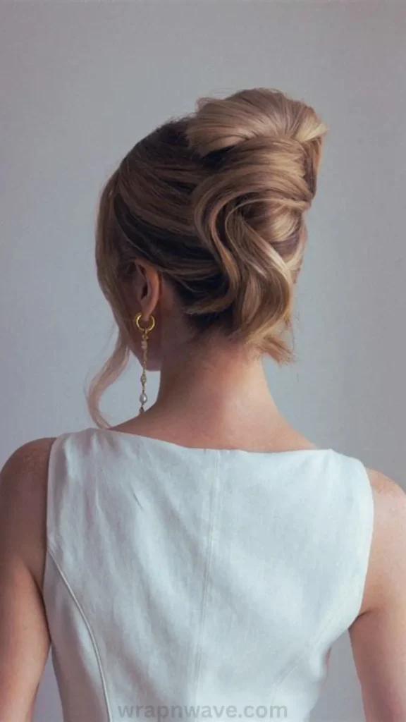 A view from behind of a woman with multi-toned dark blonde and honey-blonde hair styled up into an elegant, twisted French roll or chignon bun. The hair is loosely gathered and coiled vertically up the back of her head, leaving textured, wavy layers visible on the surface. She is wearing long, dangling gold earrings with pearl accents and a sleeveless white linen top against a neutral grey studio backdrop. The text "wrapnwave.com" is watermarked in grey at the bottom, illustrating a comfortable, stylized twist method that avoids flat hair at the nape of the neck.