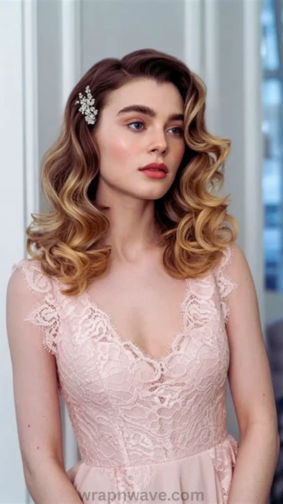 A vertical, medium-shot portrait showcasing a glamorous party hairstyle with structured, bouncing waves, as referenced in the file OIP-3070861086.jpg. The image features a woman with a deep side part, her medium-length hair styled into smooth, voluminous old-Hollywood-style S-waves. Her dark brunette roots blend smoothly into bright, warm honey-blonde highlights through the mid-lengths and curled ends. One side of her hair is neatly tucked back and pinned above her ear with an elegant, silver floral rhinestone hair clip. She is looking off-camera to the left with a polished makeup look, bold brows, and soft rosy-red lipstick. She wears a light pastel pink sleeveless dress featuring a structured lace bodice, an intricate scalloped V-neckline, and delicate eyelash lace trim on the straps. The background is a clean, softly lit interior with blurred white paneled doors and windows.