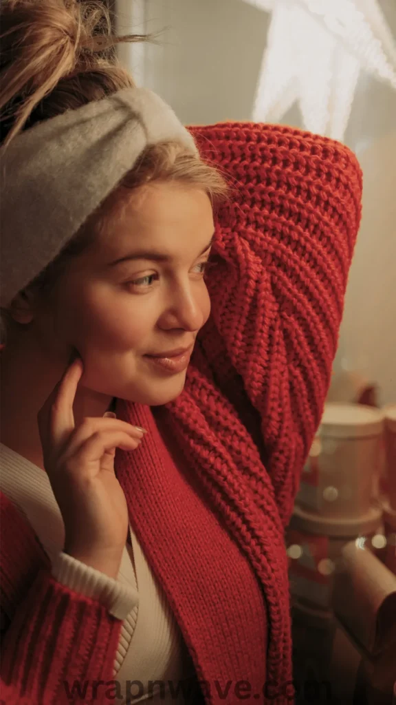 A close-up profile view of a smiling young blonde woman looking off to the side in a warmly lit setting. She is wearing a soft, grey fabric knot headband over her hair, which is gathered upward, preparing for a heatless wave routine. She wears a thick, chunky red knit sweater over a ribbed white top, resting one hand near her chin. The text "wrapnwave.com" is watermarked in dark lettering at the bottom, illustrating the comfortable preparation stage of using a headband for overnight styling.
