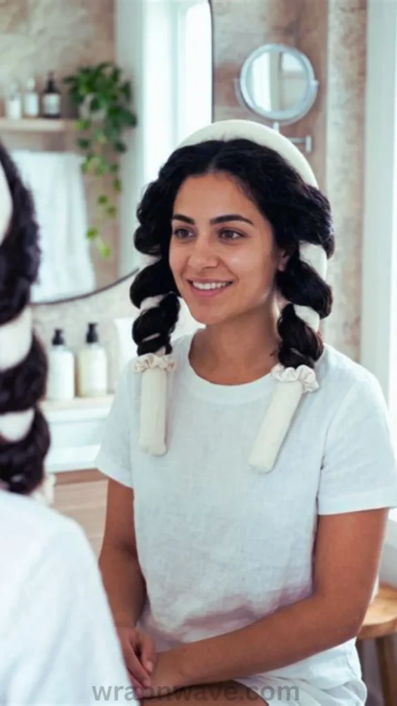 Here are a few ALT text options for the image wrapnwave.com - 2026-07-15T205721.948.webp, written to match the context of your overnight robe belt and heatless curler tutorial:Option 1: Detailed & Context-Focused (Recommended)A smiling woman with dark hair looks at her reflection in a bathroom mirror, demonstrating how to wrap hair for heatless curls. She has a plush, off-white heatless curling rod placed over the crown of her head, with her black hair wrapped securely around each side and fastened at the ends with matching cream scrunchies. She is wearing a white t-shirt in a bright, modern bathroom setting. The text "wrapnwave.com" is watermarked in grey at the bottom.Option 2: Concise & DirectFront and mirror-reflection view of a smiling woman showing how to use a plush, cream-colored heatless curling headband. Her dark hair is wrapped around the rod and secured with scrunchies, illustrating an overnight robe-tie style curl method. Features a "wrapnwave.com" watermark at the bottom.Option 3: Ultra-Short (Under 125 characters)Woman showing hair wrapped around a cream heatless curling rod. Includes a "wrapnwave.com" watermark at the bottom.