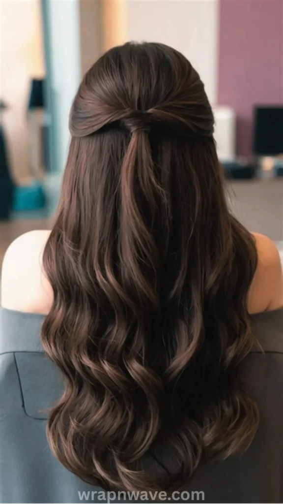 A rear view of a woman showcasing healthy, shiny, dark chestnut-brown hair styled in a half-up twist ponytail. The lower half of her long hair cascades down her back in smooth, glossy, and defined loose waves, illustrating the results of proper hydration and damage-free care. She is wearing a grey off-the-shoulder top in a softly blurred indoor setting, with a grey "wrapnwave.com" watermark at the bottom.