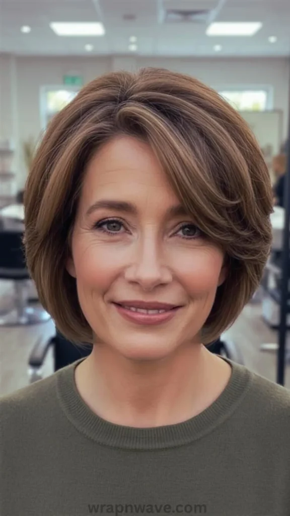 A close-up portrait of a woman smiling gently, showcasing a voluminous "airy bob" haircut with soft, face-framing layers. Her medium brown hair is styled with subtle light highlights, featuring a deep side part and swooping bangs that add movement. She is wearing an olive-green crewneck sweater, set against a softly blurred salon background. The text "wrapnwave.com" is watermarked in grey at the bottom, illustrating a low-maintenance, textured short hairstyle perfect for summer.