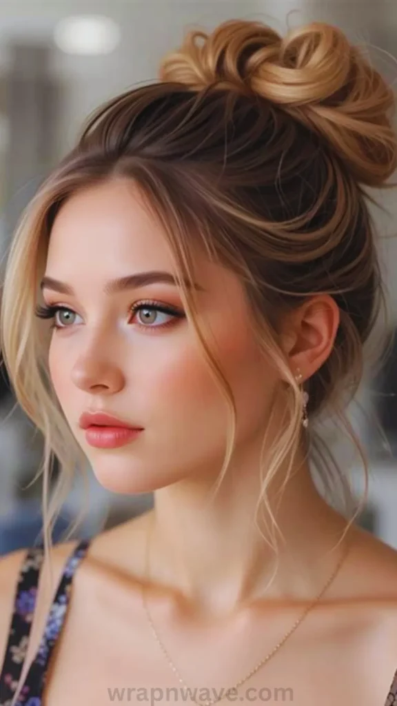 A close-up, slightly turned portrait of a young woman with her light brown and honey-blonde hair styled up in a voluminous, loose messy bun on the crown of her head. Several soft, wavy strands are pulled out to perfectly frame her face and neck. She has green eyes, soft makeup with pink lips, and is wearing a delicate gold chain necklace and a floral strap top. The text "wrapnwave.com" is watermarked in grey at the bottom, illustrating an effortless, textured updo ideal for second-day hair.