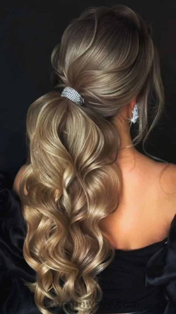 A rear close-up view of a woman with thick, glossy ash-blonde hair styled into an elegant, voluminous low ponytail. The crown is gently teased for volume, and the long ponytail cascades into polished, deep romantic waves down her back. The ponytail is secured with a striking, wide rhinestone-encrusted silver hair cuff, matching her sparkly statement earrings. She is wearing a black off-the-shoulder garment against a dark background, showcasing a highly sophisticated take on the low ponytail trend.