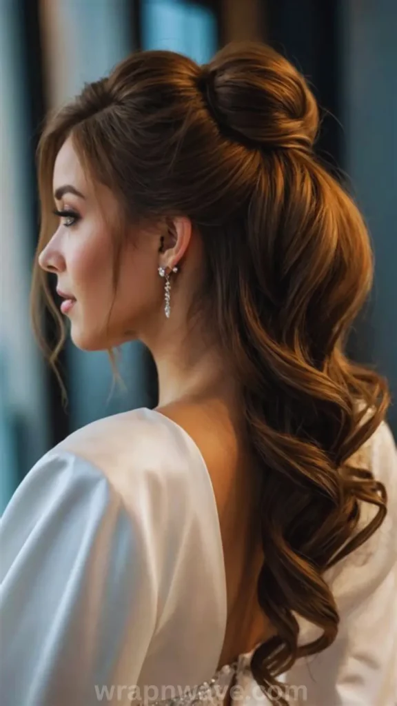 A side-profile view from behind a young woman with long, warm brunette hair styled in a romantic half-up, half-down look. The top section of her hair is gathered into a sleek, voluminous bun at the crown of her head, while a few loose, wispy strands frame her face. The remaining hair cascades down her back in polished, defined waves. She is wearing an elegant white satin dress with a V-shaped back and long, dangling crystal earrings. The text "wrapnwave.com" is watermarked in grey at the bottom, illustrating a delicate half-up top knot style perfect for formal occasions.