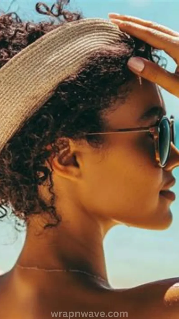 A close-up side profile of a woman with dark, textured curly hair under the bright summer sun. She is wearing a woven straw sun hat and tortoise-shell sunglasses, with her hand gently resting on the brim of her hat. Her skin is glowing in the warm daylight, and a blurred turquoise beach ocean background is visible, illustrating the importance of sun defense and UV protection for healthy hair care. The text "wrapnwave.com" is watermarked in grey at the bottom.