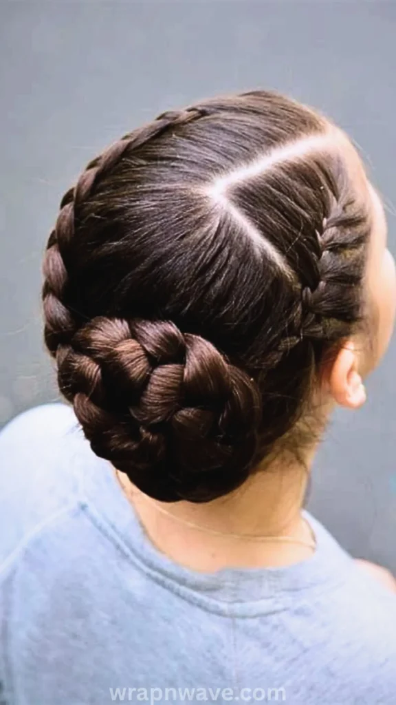 A rear, overhead view of a woman with thick, dark brown hair styled in two symmetric braids along the sides of her head with a neat center part. The braids wrap around to the nape of her neck, where they are gathered into a large, intricate, flat braided bun. She is wearing a casual grey t-shirt against a plain grey background. The text "wrapnwave.com" is watermarked in white at the bottom, illustrating an elegant, high-tension braided updo ideal for prepping structured heatless waves overnight.