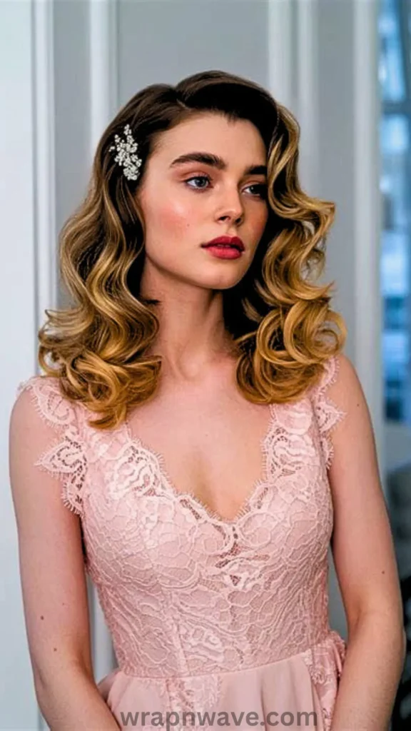 A medium portrait of a woman looking off-camera, showcasing a romantic bridal hairstyle with voluminous, structured old-Hollywood waves. Her shoulder-length hair is a deep brunette at the roots fading into warm honey-blonde ends, featuring a deep side part and a sparkling crystal floral hair clip pinned to one side. She has soft makeup with red lipstick and is wearing a sleeveless pale pink lace dress with a scalloped neckline. The text "wrapnwave.com" is watermarked in dark grey at the bottom, illustrating an elegant, damage-free wedding look achieved with heatless waves.