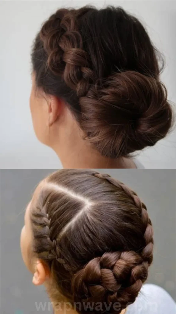 A vertical split-screen image displaying two different braided bun hairstyles from the back, demonstrating heatless wave preparation techniques. The top panel shows a side-angle view of a woman with dark brown hair styled into a large French braid that curves down into a voluminous, smooth low bun at the nape of her neck. The bottom panel shows a top-down view of a woman with lighter brown hair split cleanly down the center, styled into two French braids along the sides that merge together into a wrapped braided low bun. The text "wrapnwave.com" is watermarked in grey at the bottom, illustrating structured bun techniques used to set hair into overnight waves.