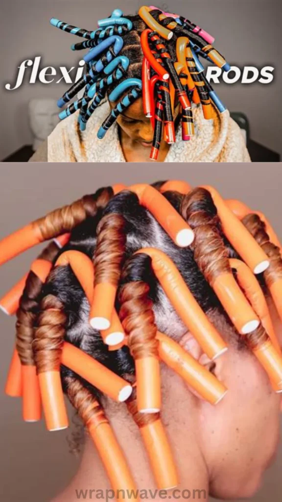 A split-screen image demonstrating heatless flexi rod sets on natural hair. The top panel shows a person's head styled with thin, colorful blue, orange, and pink flexi rods, with the text "flexi RODS" overlaid in large white letters. The bottom panel provides a close-up rear view of highlighted brown hair neatly wrapped around thicker, soft orange foam flexi rods, showcasing the bendable texture and styling versatility. The website "wrapnwave.com" is watermarked in grey at the bottom.