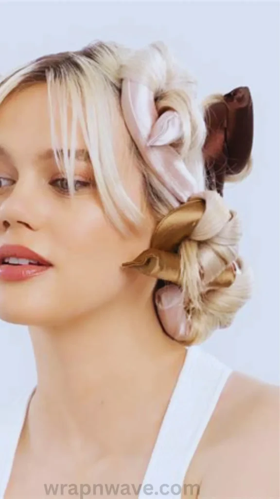 A close-up side profile of a blonde woman wearing a white ribbed tank top, showcasing a heatless hair set using satin heatless curling rods and scrunchies. Her blonde hair is wrapped into multiple coiled buns using soft pink and gold satin heatless curlers tied at the sides, with face-framing bangs left loose in front. The text "wrapnwave.com" is watermarked in grey at the bottom, illustrating the overnight heatless set before unrolling for curls.