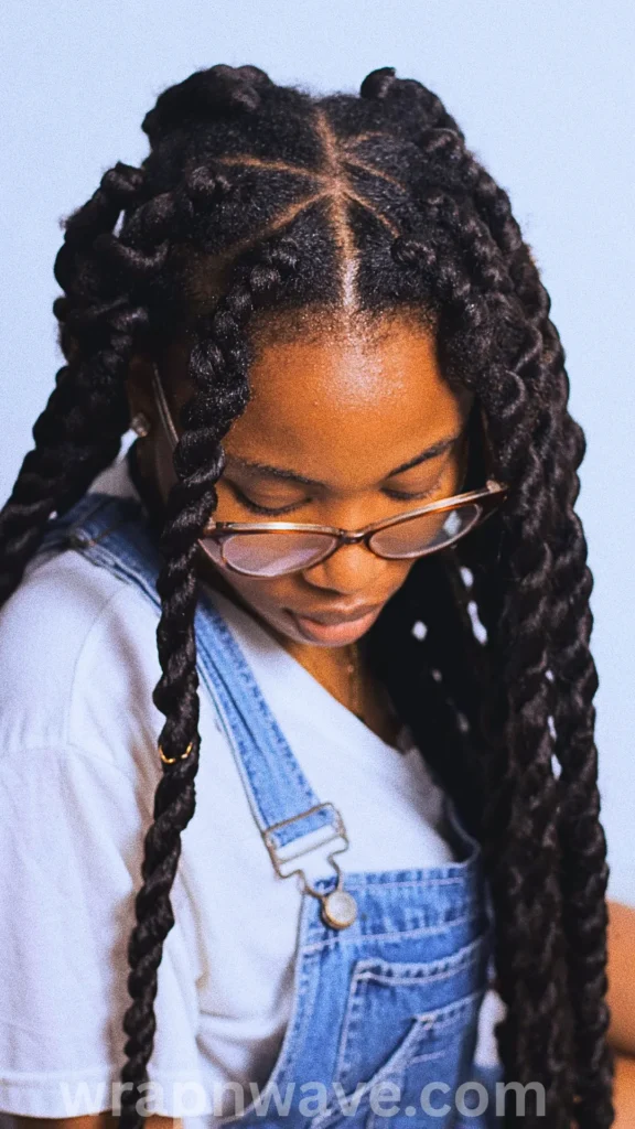 A close-up, high-angle portrait of a Black woman looking down, showcasing her hair styled in thick, long, shiny rope twists and braids with defined, geometric sectioning at the crown. She is wearing cat-eye glasses, a white t-shirt, and classic blue denim overalls against a plain light-blue background. The text "wrapnwave.com" is watermarked in grey at the bottom, illustrating an elegant, structured braided style used to set long-lasting, heatless waves or curls overnight.