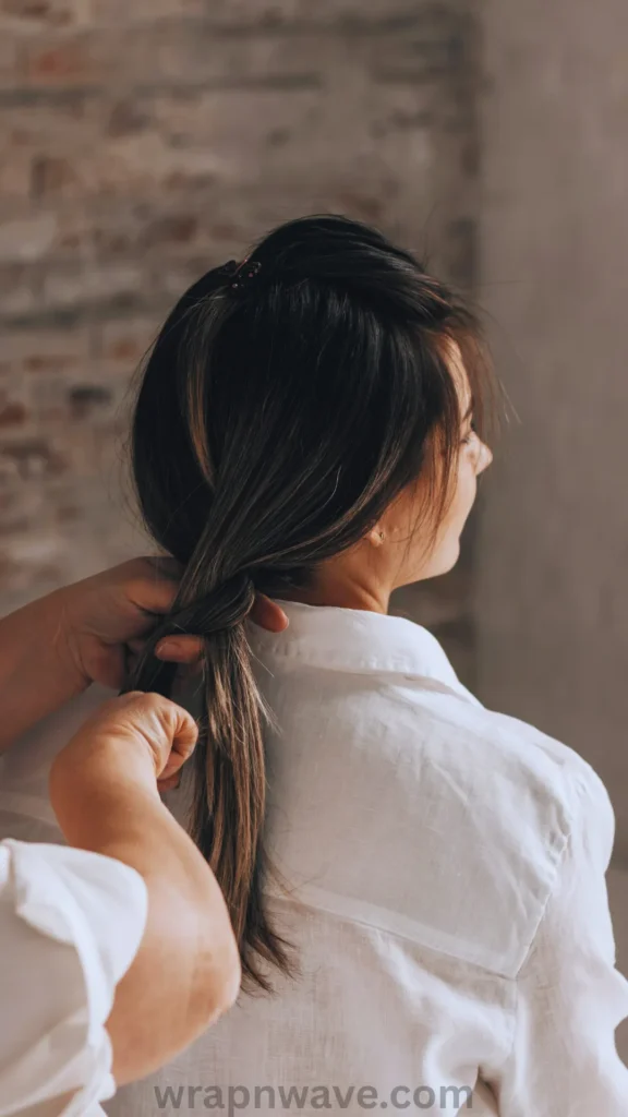 A close-up, three-quarter view from behind showing a pair of hands styling a woman's long, straight brunette hair into a low braid. The top sections of her hair are neatly gathered and pinned back, and the stylist's hands are visible manipulating the hair strands near the nape of her neck. The woman wears a crisp white linen collared shirt against a rustic, blurred brick background. The text "wrapnwave.com" is watermarked in grey at the bottom, illustrating the preparation stage for an overnight heatless wave method.