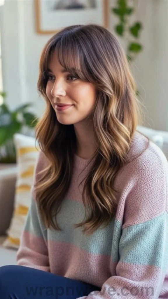 A three-quarter profile view of a smiling young woman with long, layered brown hair featuring blonde highlights. Her hair is styled in loose, soft, voluminous waves with gentle curtain bangs framing her face. She is sitting indoors, wearing a cozy knit sweater with horizontal stripes of pink, cream, and muted green. The background shows a soft-focus living space with indoor plants. The text "wrapnwave.com" is watermarked in grey at the bottom, illustrating the gorgeous, effortless results of a damage-free heatless wave method.