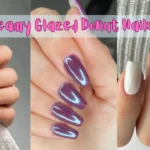 A three-panel collage showcasing various gel nail designs with pink text overlay reading "25 Dreamy Glazed Donut Nails Ideas." Left image shows glossy deep burgundy nails with a cherry accent; center features shimmering metallic purple chrome nails; right panel shows milky white square glazed donut nails.
