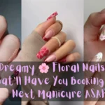 A three-panel collage displaying floral nail designs with text overlay reading "25 Dreamy 🌸 Floral Nails Ideas That’ll Have You Booking Your Next Manicure ASAP". Left panel shows short nude nails with painted red roses; center panel features red French tips with heart accent nails; right panel displays almond French tips decorated with delicate white and pink flowers.