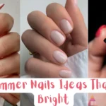 A three-panel collage showcasing summer nail art styles—featuring almond nails with painted citrus fruits, short neutral nude nails, and a sunset gradient with black palm tree silhouettes—overlaid with pink text reading "25 Summer Nails Ideas That Are Bright."