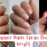 A three-panel collage showcasing summer nail art styles—featuring almond nails with painted citrus fruits, short neutral nude nails, and a sunset gradient with black palm tree silhouettes—overlaid with pink text reading "25 Summer Nails Ideas That Are Bright."