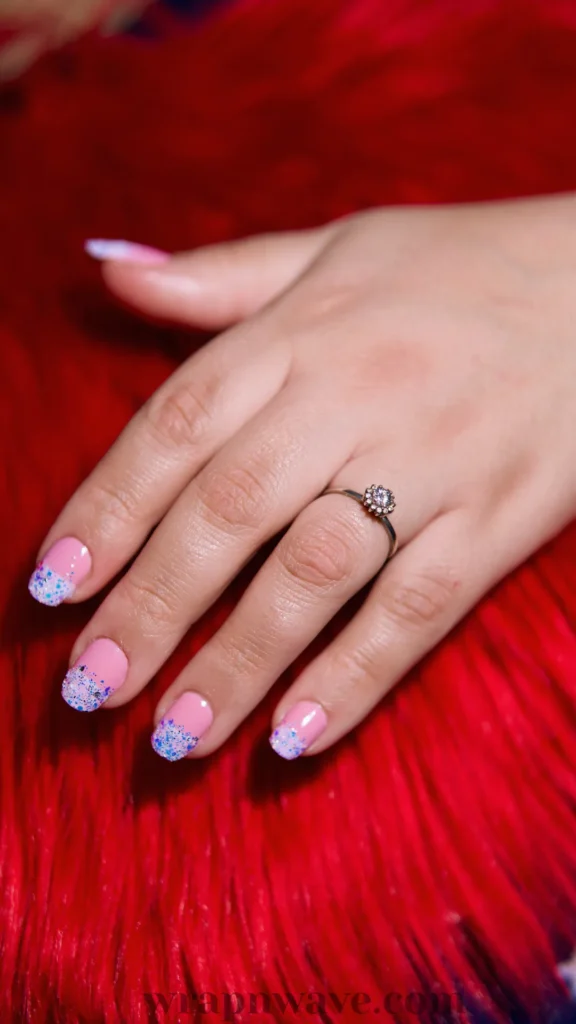 Close-up of a hand wearing a delicate ring, displaying short pink gel nails with blue and purple chunky glitter tips resting against a vibrant red textured background. A creative gel nail art design idea for short nail lengths and sparkling manicures.
