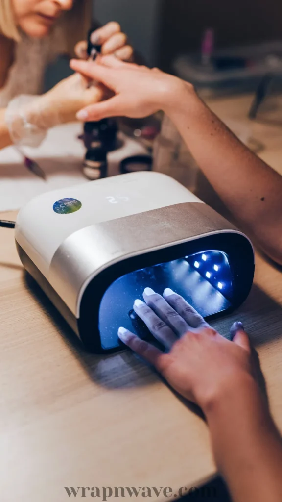A client placing their hand inside a white UV LED nail lamp to cure gel polish, while a nail technician works in the background at a salon desk. A helpful visual for long-lasting gel nail care tips and proper manicure maintenance.