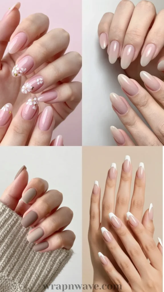 A four-panel grid showing trending gel nail designs: top-left features delicate pink floral nails with white daisies; top-right showcases glossy milky nude ombre nails; bottom-left features matte taupe-brown neutral nails; bottom-right shows long almond-shaped classic French tip nails. Perfect inspiration for flawless, glossy gel manicures and 2026 nail trends.