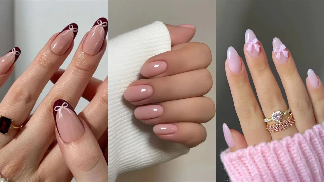 A three-panel collage displaying coquette nail art styles. Left image shows almond nails with burgundy French tips and white bow details; center shows short glossy strawberry milk pink nails against a white knit sleeve; right panel shows light pink almond gel nails featuring 3D pink bow charms and gold rings.