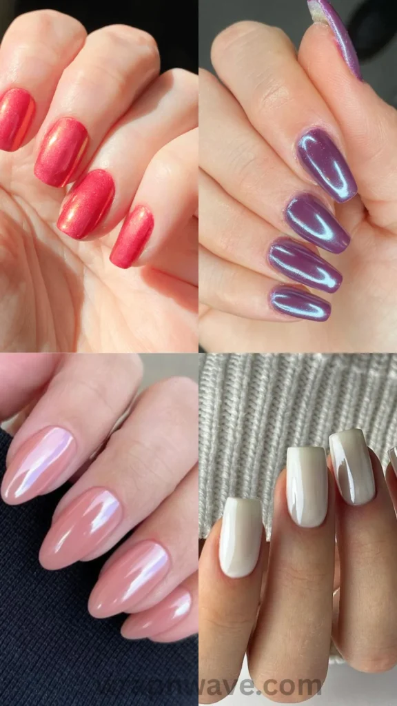 A four-panel grid featuring colorful glazed donut nail variations: top-left displays vibrant coral-pink shimmering chrome nails; top-right showcases deep metallic purple chrome nails; bottom-left features classic soft pearl-pink almond nails; bottom-right shows milky white square glazed donut nails. A visual guide for glazed donut nail design ideas.
