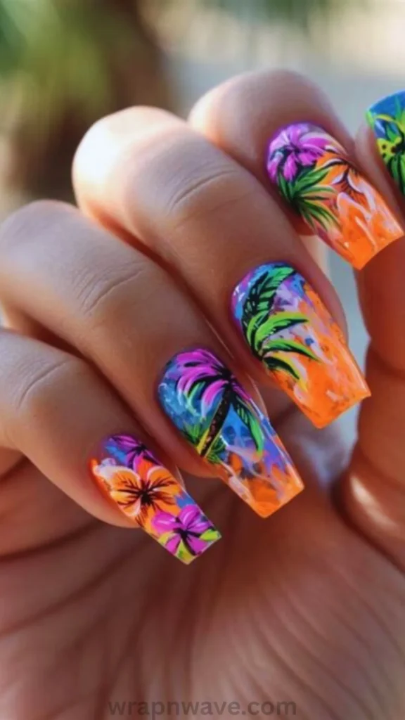 Close-up of long coffin-shaped gel nails featuring vibrant tropical nail art with hand-painted hibiscus flowers, palm trees, and sunset gradients in bright shades of neon orange, pink, purple, and blue. A stunning visual example of tropical floral manicures and summer nail trends.
