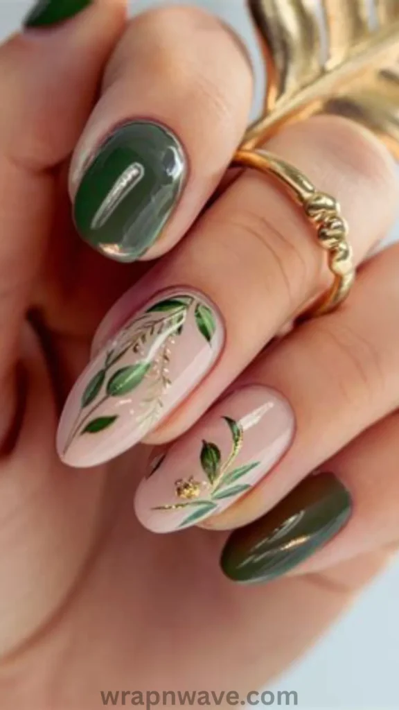 Close-up of almond-shaped gel nails combining glossy dark forest green polish with nude accent nails painted with intricate green leafy branches, trailing botanical vines, and gold foil accents. A beautiful visual example of wildflower nails and cottagecore manicures.