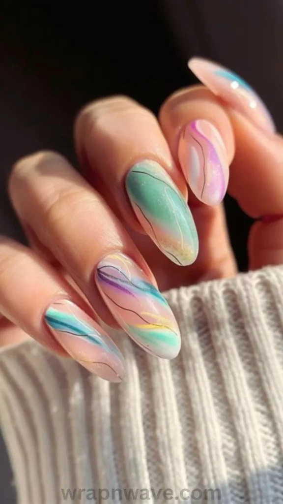 Close-up of a hand with long almond-shaped gel nails featuring a sheer nude base decorated with swirling pastel waves of mint green, lavender, blue, and peach, accented by fine dark linework. A vibrant visual example for pastel swirl nail designs and spring manicure trends.