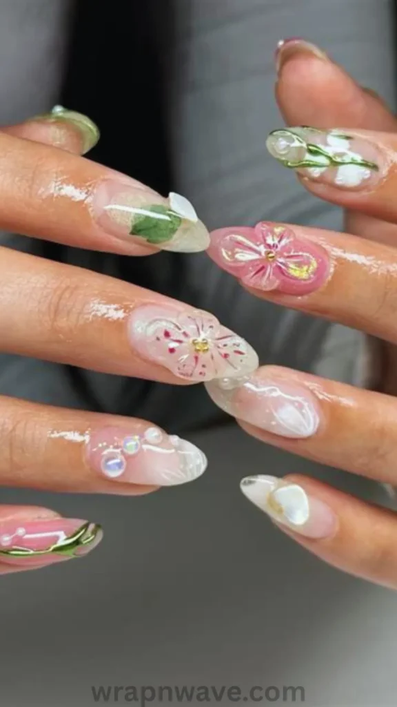 Close-up of hands displaying long almond-shaped gel nails featuring intricate 3D floral designs, raised pink flower petals, pearl studs, and metallic green vine accents on a sheer base. A detailed visual example of 3D botanical nail art and floral gel manicures.