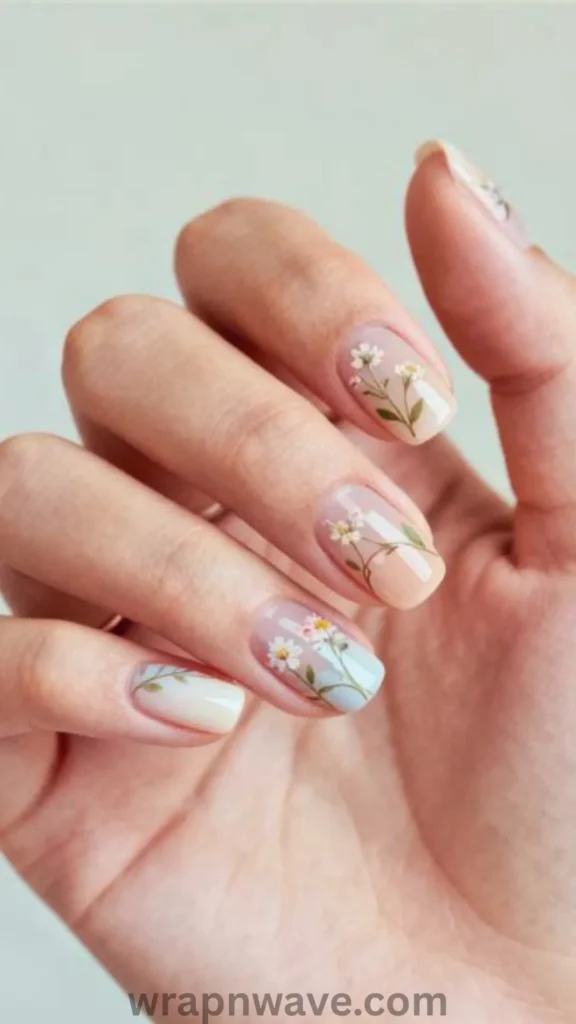 Close-up of short oval gel nails featuring soft pastel blue, peach, and cream French tips decorated with delicate white daisy wildflower stems growing up from the tips onto a sheer base. A perfect visual example of French tip flower nails and botanical nail art.