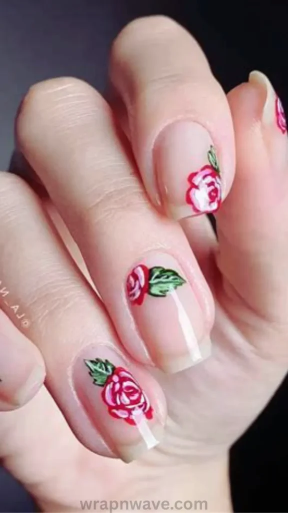 Close-up of short natural nails with a sheer nude gel base, featuring delicate hand-painted pink and red roses with green leaves placed along the edges and cuticles. A classic visual example of romantic rose nail art designs and floral manicure trends.