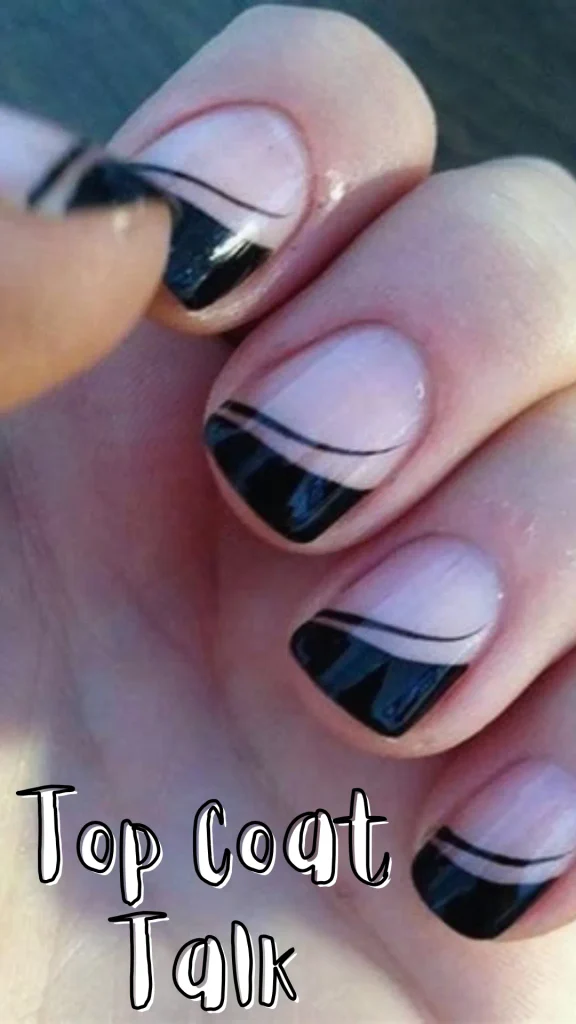 Close-up of square-shaped nude nails with sleek black curved modern French tip outlines, with overlay text reading "Top Coat Talk".